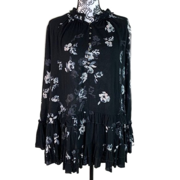 Free People Boho Black Floral Ruffle Tunic Blouse Top S - Picture 1 of 8
